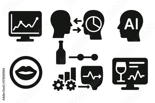 Digital Aging Feedback Icons. Solid style icons of digital aging feedback: real-time taste graph, profile sync chart, bottle
