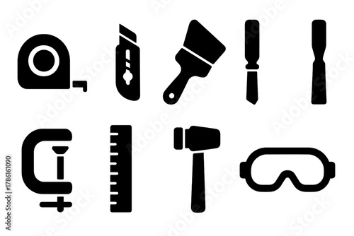 DIY Tools Icons. Solid style icons of DIY tools: tape measure, utility knife, paintbrush, chisel, clamp, ruler, mallet, safety