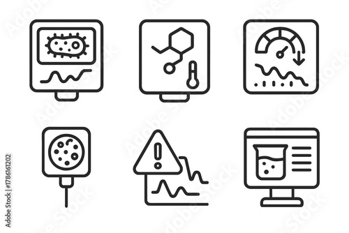 Scientific Monitoring Icons. Line style icons of monitoring and tracking: bacterial growth tracker, enzyme activity meter,