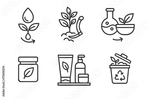 Biodegradable Life Cycle Icons. Line style icons of biodegradable product life cycle: seed-to-pigment icon, plant harvesting