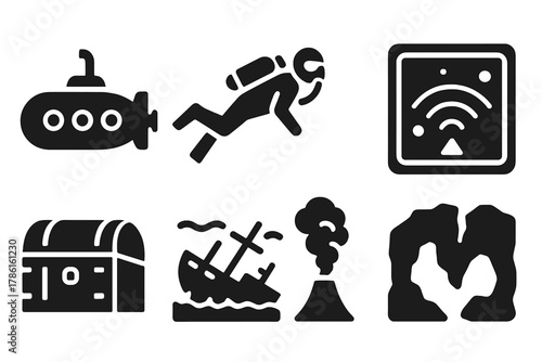 Underwater Exploration Icons. Solid style icons of Underwater Exploration: submarine, diver, underwater drone, sonar map, treasure