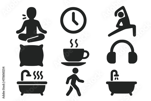 Stress Relief Icons. Solid style icons of stress relief: breathing figure, clock, stretching pose, pillow, tea cup, headphones,