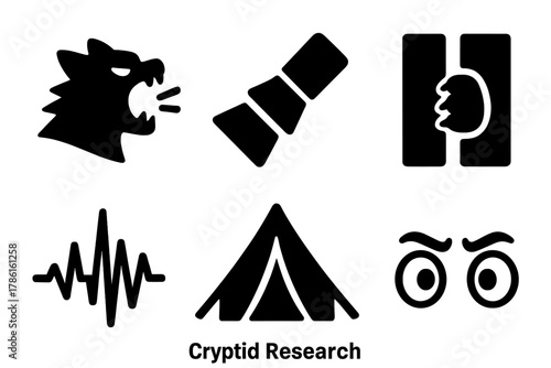 Cryptid Investigation Icons. Line style icons of Cryptid Research: Creature roar icon, flashlight beam cutout, hidden paw, audio