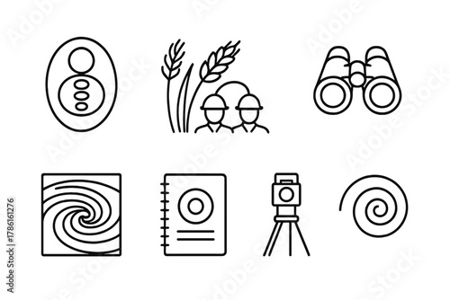 Crop Circle Exploration. Line style icons of Crop Circle: Oval Pattern, Flattened Rye, Investigation Team, Binoculars, Crop Swirl,