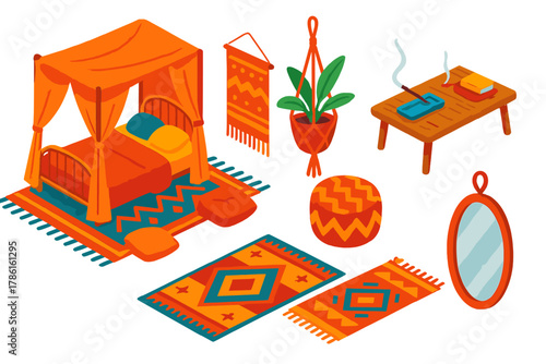 Bohemian Bedroom Design. Isometric vector illustration set Interior layout – bohemian bedroom canopy bed, floor cushions, tapestry