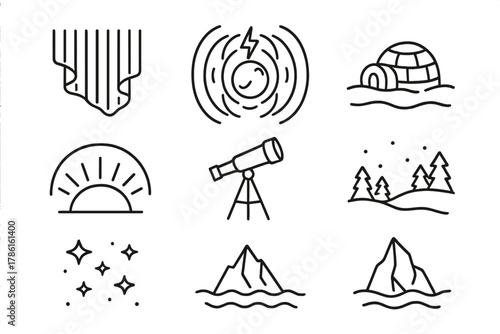 Aurora Line Icons. Line style icons of Aurora: Curtain of Light, Magnetic Field, Polar Region, Green Glow, Telescope, Snowy
