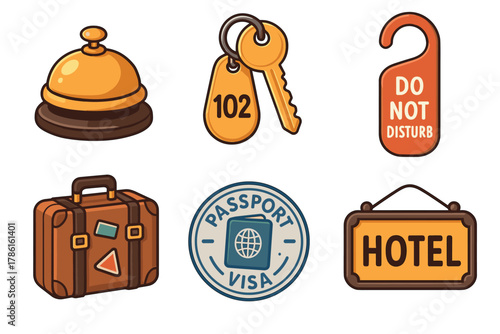 Travel essentials for a hotel stay and vacation planning. Set of 6 vector illustration