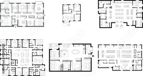 Assortment of architectural floor plans detailing various building and apartment layouts