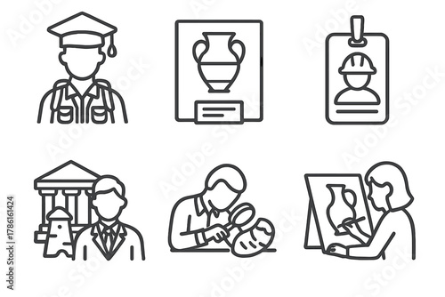 Archaeology Career Icons. Line style icons of career paths in archaeology: graduate in field gear, museum curator symbol, site