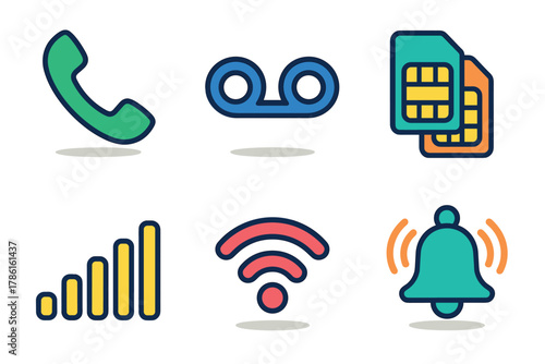 Communication icons representing various phone features and signals. Set of 6 vector illustration