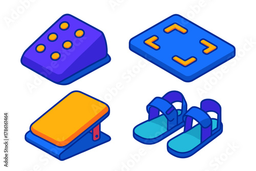 VR Gaming Setup. Isometric vector illustration set VR gaming setup – ergonomic footrest, VR-specific footpad, tactile markers; non