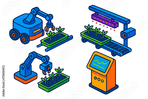 Automated Greenhouse Technology. Isometric vector illustration set Smart farming – automated greenhouse robot, conveyor rail,