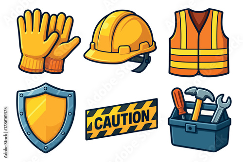 Safety equipment for construction work and hazard awareness. Set of 6 vector illustration