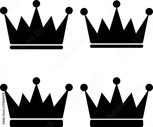 A set of four simple black crown silhouettes, each with a distinct pointed design, isolated on a white background.