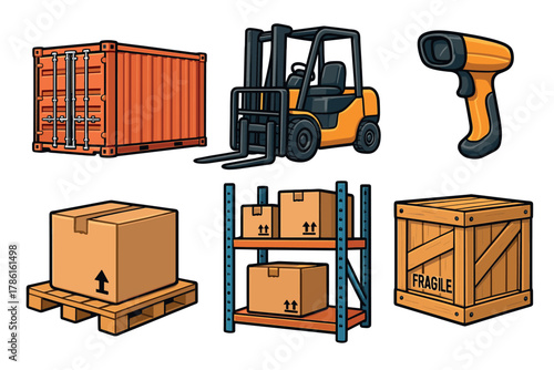 Warehouse logistics and shipping equipment and containers. Set of 6 vector illustration