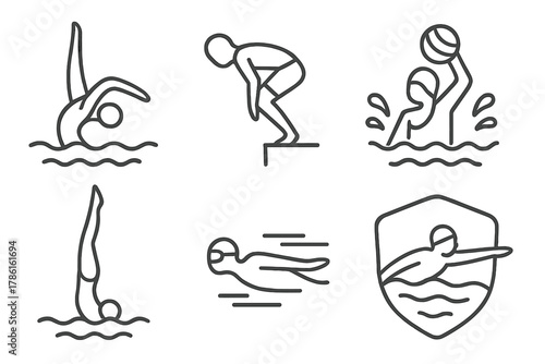 Aquatic Sports Icons. Line style icons of aquatic sports related to diving: synchronized swimming figure, swimming start dive,