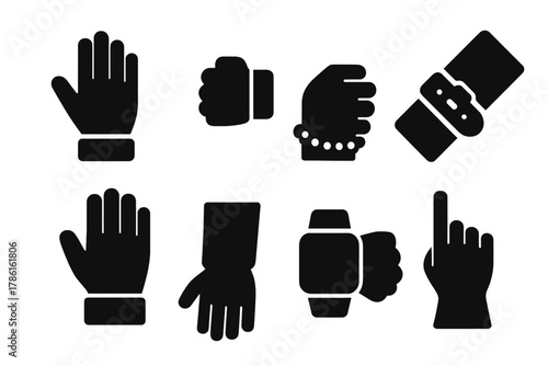 Wrist Accessories Icons. Solid style icons of wrists: hand, wristband, bracelet, strap buckle, glove, sleeve, smartwatch on wrist,