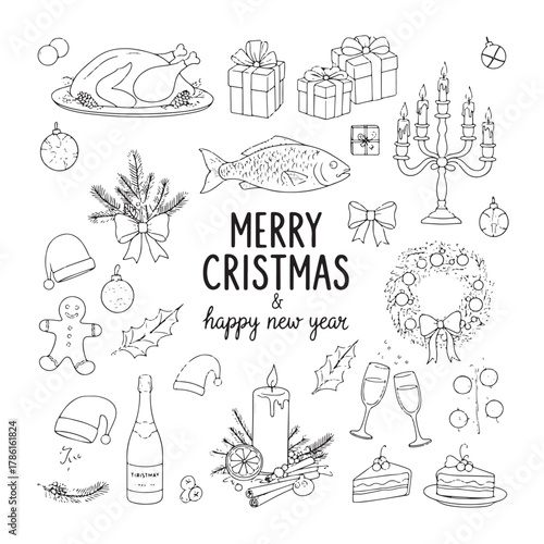 Vintage Christmas Dinner Vector – Hand-Drawn Ink Doodle Table, Food & Holiday Menu Elements