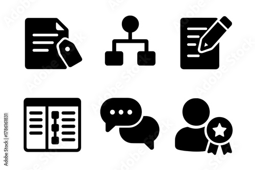 Crowdsourced Scriptwriting Icons. Line style icons of Crowdsourced Scriptwriting: draft version tag, storyline branches, live edit