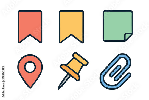 Colorful stationery items for organizing tasks and notes. Set of 6 vector illustration