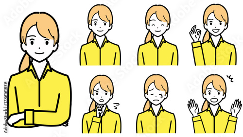 A set of illustrations of various expressions of a young woman's upper body. 