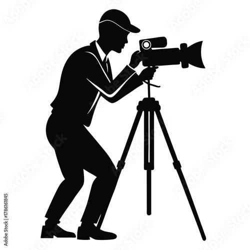 man-taking-photo-using-tripod-black-and-white-silhouette