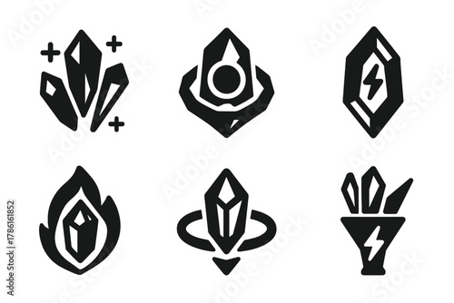 Futuristic Energy Icons. Solid style icons of energy sources for crystal computing: fusion shards, light-infused cores, charged