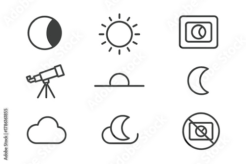 Solar Eclipse Icons. Line style icons of Solar Eclipse: Solar Limb, Moon Shadow, Corona Glow, Eclipse Viewer, Telescope Tripod,
