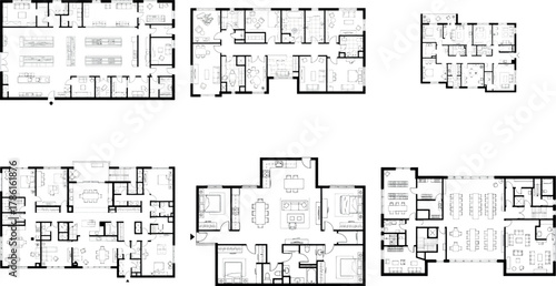 Assortment of architectural floor plans and building layouts