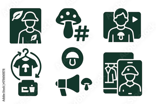 Fungal Fashion Icons. Solid style icons of fungal fashion campaigns: eco-poster icon, hashtag fungi badge, viral trend panel.
