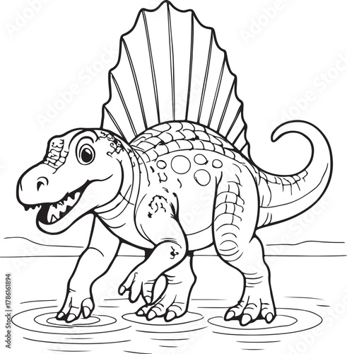 Spinosaurus Dinosaur Line Art in Water – Black and White Prehistoric Cartoon Illustration for Kids