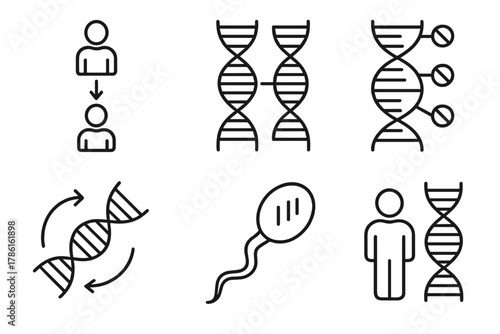 Epigenetic Inheritance Icons. Line style icons of epigenetic inheritance: transgenerational signal, parent-offspring DNA link,