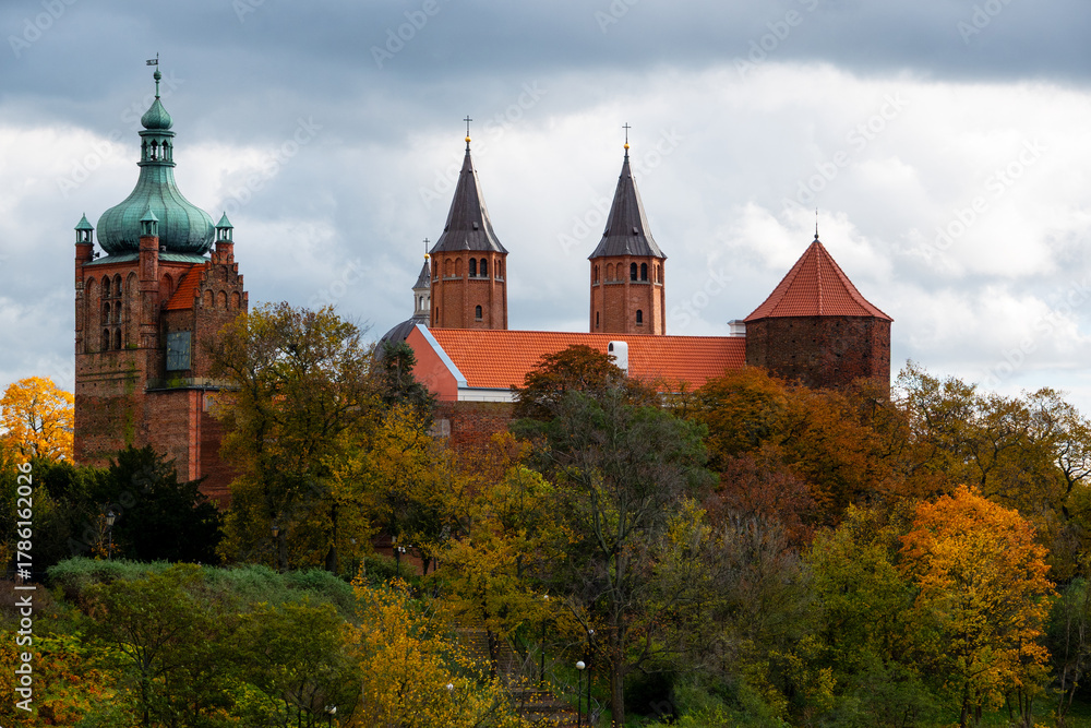 Fototapeta premium Plock Cathedral in autumn landscape. Plock, Poland