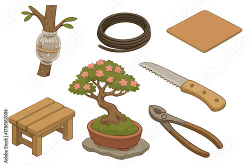 Bonsai Gardening Essentials. Isometric vector illustration set of Bonsai gardening: air layering wrap, curved training wire,