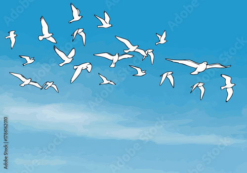Create Bird flock doodle. Flying birds black silhouettes in sky, dove, seagull or swallow group freedom outline symbol for landscape. Vector isolated on sky background.