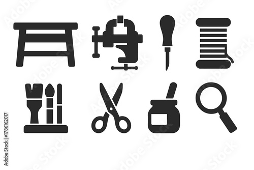 Workshop Equipment Icons. Solid style icons of Workshop Equipment: wooden workbench, vise clamp, carving tool, thread spool, brush