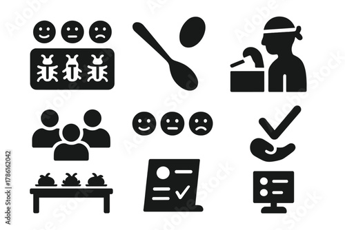Tasting Event Icons. Solid style icons of taste-test and adoption: bug tray with emoji reactions, test spoon icon, blind taste box