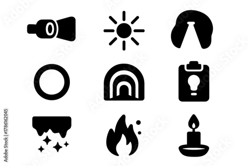 Cave Light Icons. Solid style icons of cave light visuals: headlamp beam glyph, light burst icon, shadow badge. Glow ring, tunnel