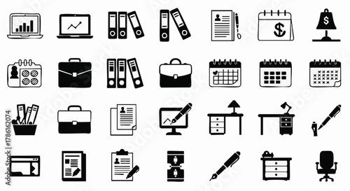 Office workspace icons depicting business tasks and organization in black and white