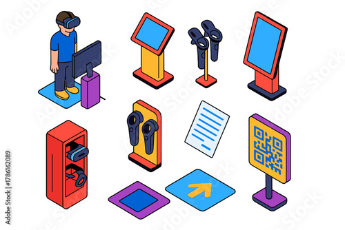 VR Gaming Setup. Isometric vector illustration set VR gaming setup – virtual reality demo station, info kiosk, touchscreen panel;