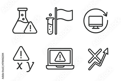 Troubleshooting Icons. Line style icons of troubleshooting and error detection: experiment failure alert, red flag chemical