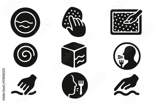 Sensory Food Icons. Solid style icons of food therapy textures: calm-texture plate, soft touch therapy icon, sensory stress relief