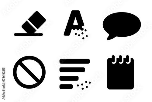 Word Erasure Icons. Solid style icons of word erasure drills: eraser on page icon, vanishing letter glyph, blank badge. Silence
