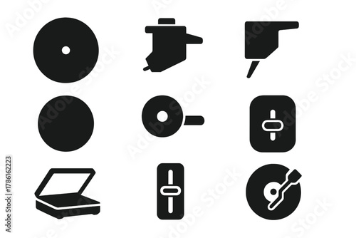 Turntable Equipment Icons. Solid style icons of Turntable Equipment: platter, cartridge, stylus needle, record mat, counterweight,