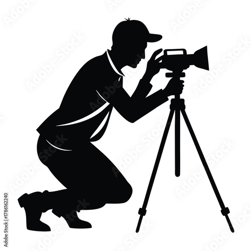 man-taking-photo-using-tripod-black-and-white-silhouette
