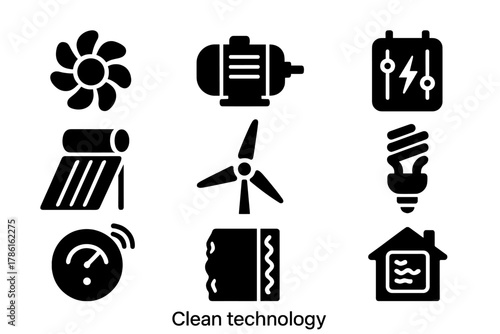 Clean Tech Icons. Solid style icons of Clean Technology: water turbine, electric motor, fuel cell, smart thermostat, solar heater,