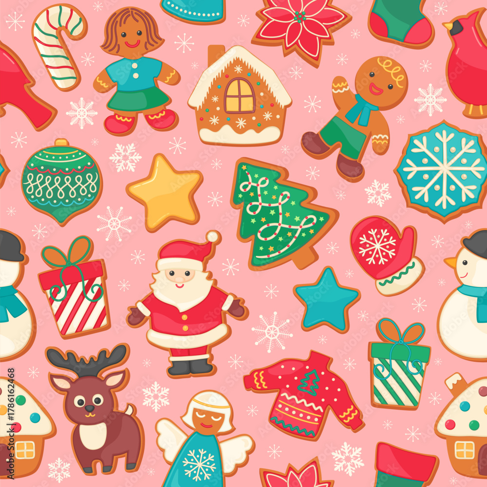 Naklejka premium Cute Christmas sugar cookie seamless pattern on pink background. Gingerbread house, man, santa claus holiday sweet food cartoon repeat design. Festive vector illustration for wrapping paper or fabric.