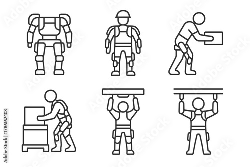 Industrial Exoskeleton Icons. Line style icons of industrial exoskeletons: heavy-lift exo frame, construction worker suit,