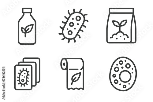 Bioplastic Icons Collection. Line style icons of bioplastic alternatives: bioplastic bottle symbol, bacteria-made polymer icon,