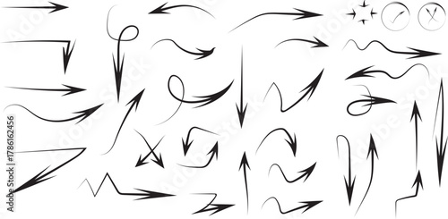 Hand-Drawn Black Arrow Set: Vector Collection of Sketch, Doodle, and Grunge Directional Symbols